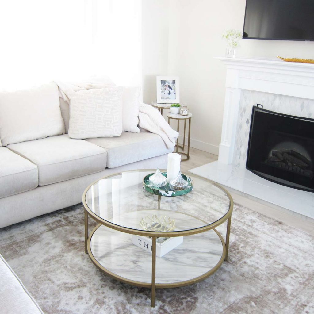 gold and white living room remodel