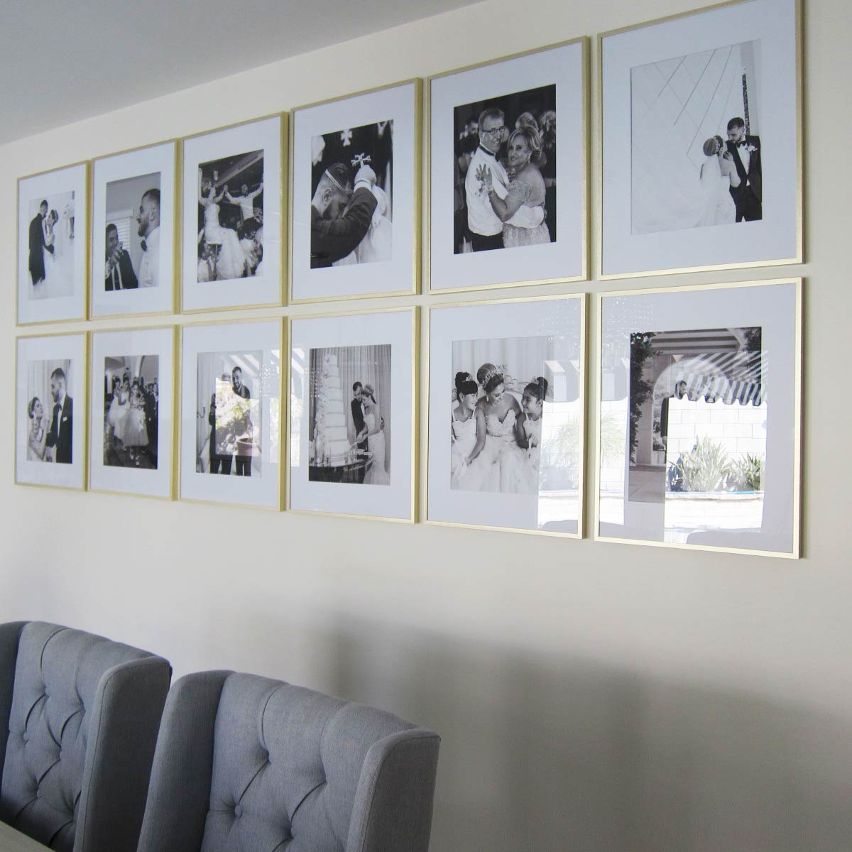 White and Gold Grid Photo Gallery In Dining Room