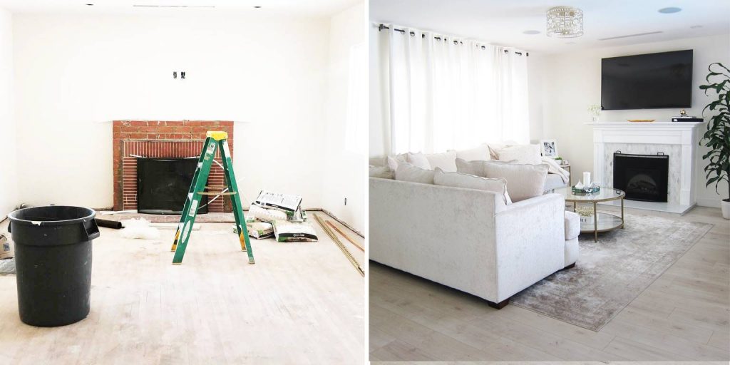 White and Gold Living Room before and after